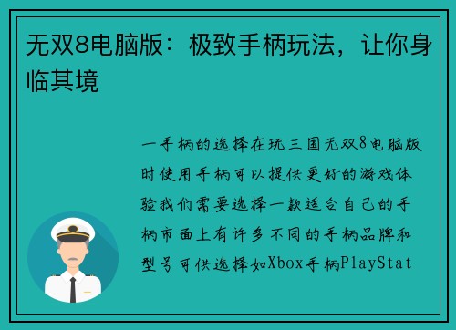 无双8电脑版：极致手柄玩法，让你身临其境